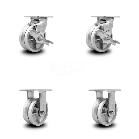 Service Caster 5 Inch V Groove Semi Steel Caster Set with Roller Bearings 2 Brakes 2 Rigid SCC SCC-30CS520-VGR-TLB-2-R520-2